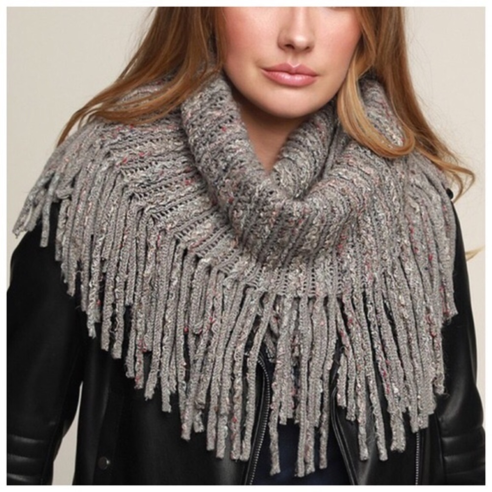 New grey fringe boucle knit infinity scarf